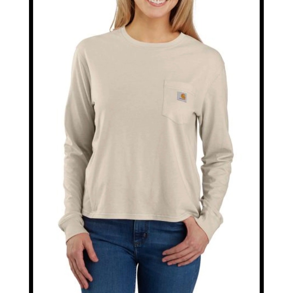 Carhartt Women Cotton Tencel Long Sleeve Casual T-Shirt Cream Neutral Boho S